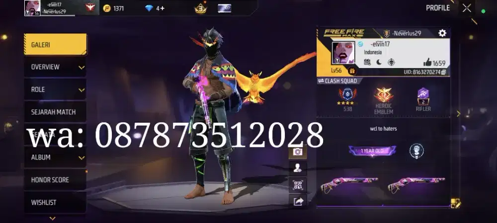 JUAL AKUN FREE FIRE POLOSAN SG RAPPER VAULT 102