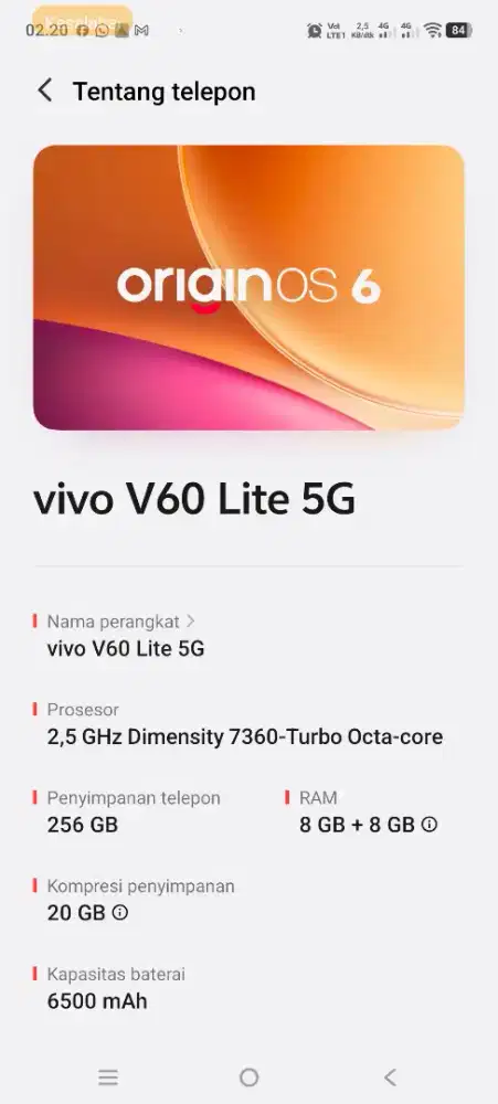 Jual Vivo v60 lite 5g 8/256 spek sama persis kaya iqoo z10r hp+charger