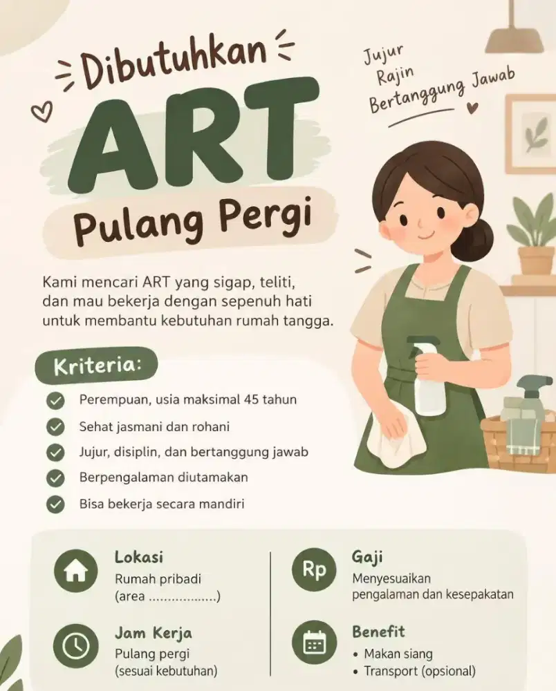 Di butuhkan segera ART pulang pergi
