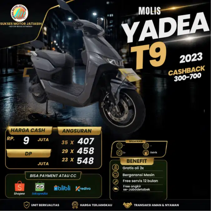 MOLIS YADEA T9 KM RENDAH SIAP PAKAI BATERAI BISA CASH PAYMENT
