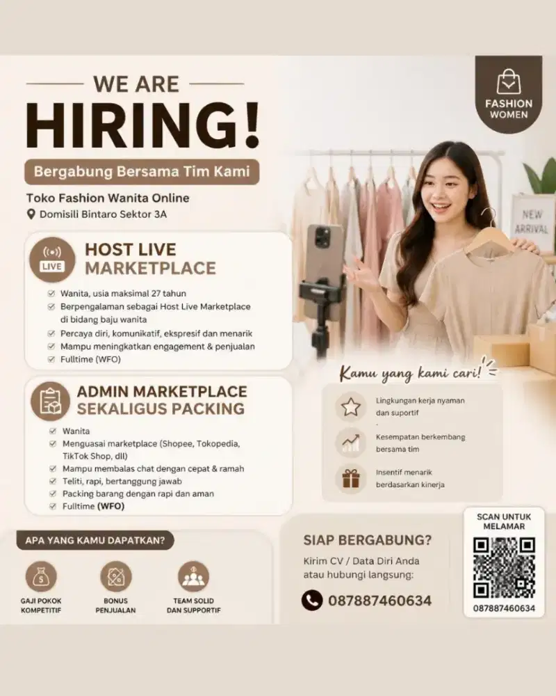 Butuh Segera : Host Live & Admin Marketplace Wanita Serius Kerja