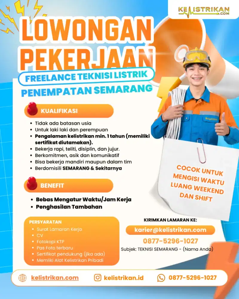 LOWONGAN KERJA FREELANCE TEKNISI LISTRIK PENEMPATAN SEMARANG