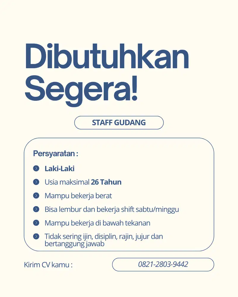 Dibutuhkan Karyawan Laki-laki Staff Gudang
