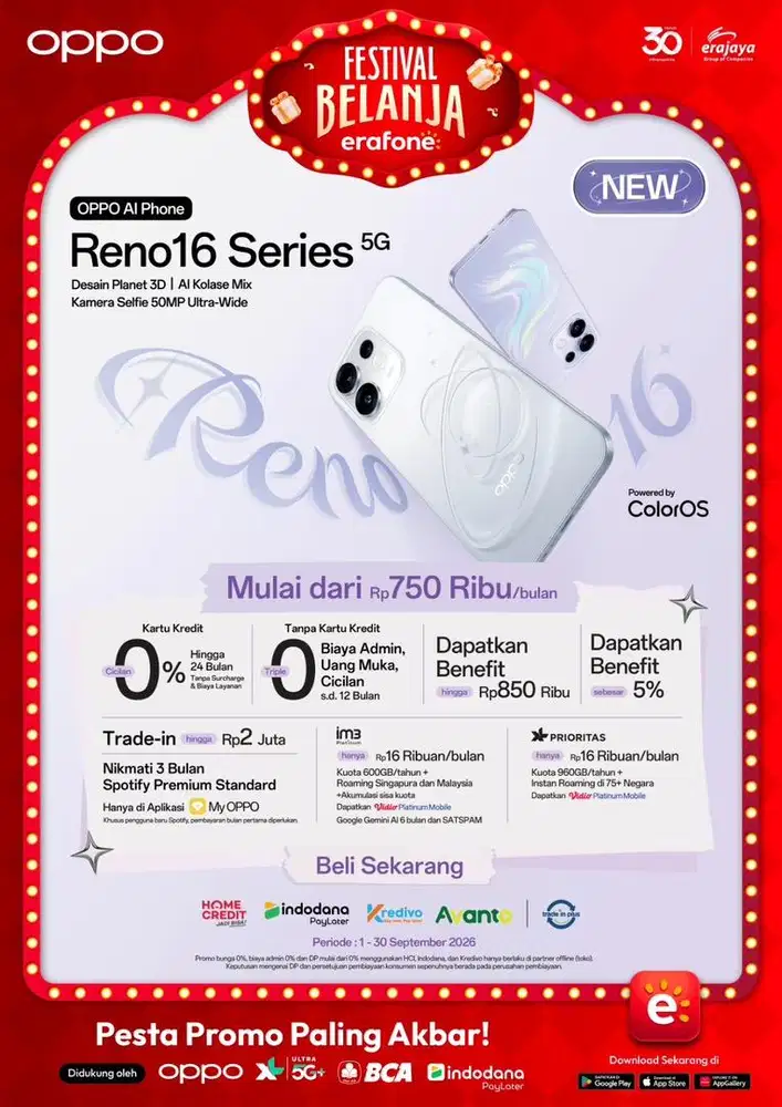 oppo reno 16f free paket internet selama 1thn