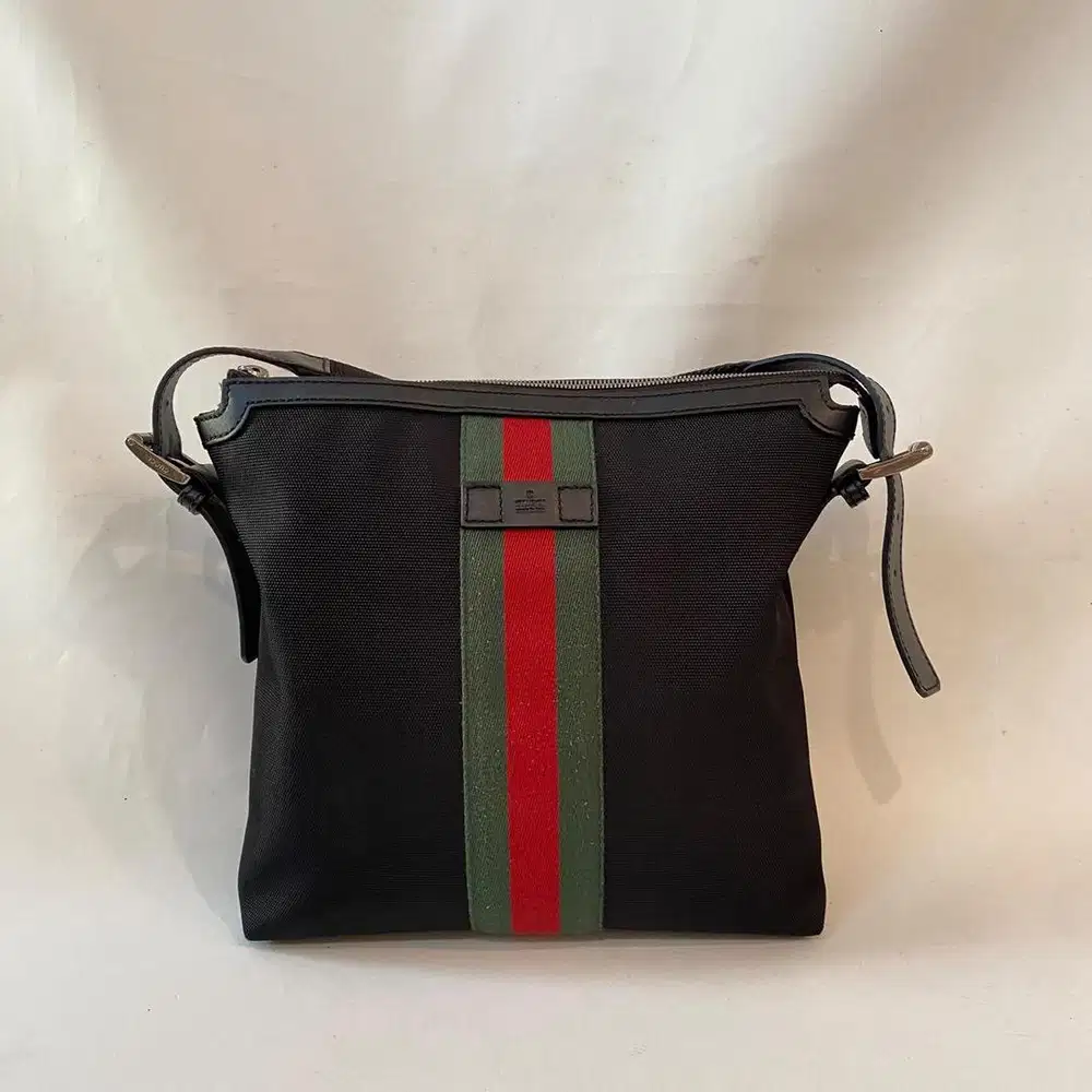 Preloved Black Techno Canvas Web Messenger Bag authentic