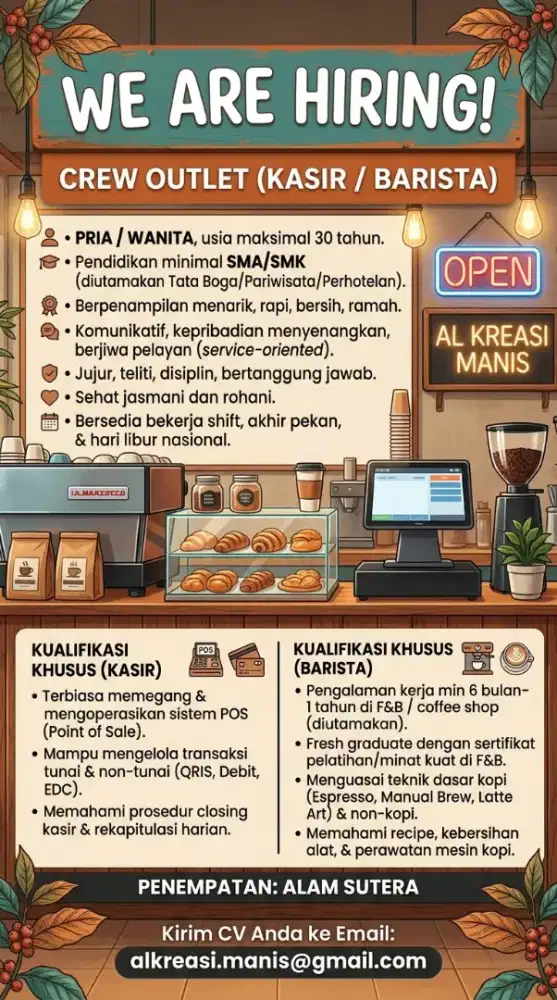 Dibutuhkan Crew toko kasir dan Barista