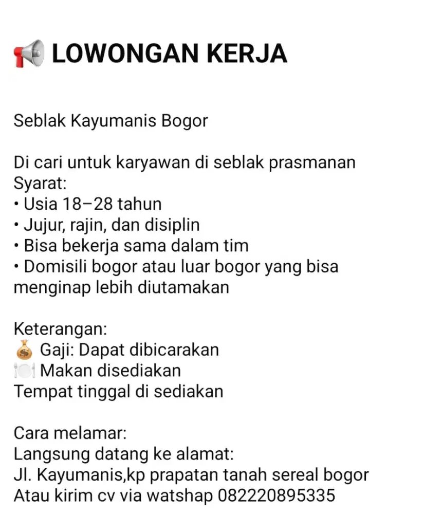 Loker untuk jaga seblak di bogor