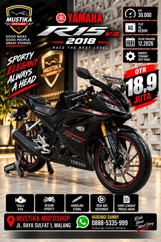 Yamaha R15 V3 2018 Black Glossy. Km 30rb. Mulus terawat. DANNY Mustika