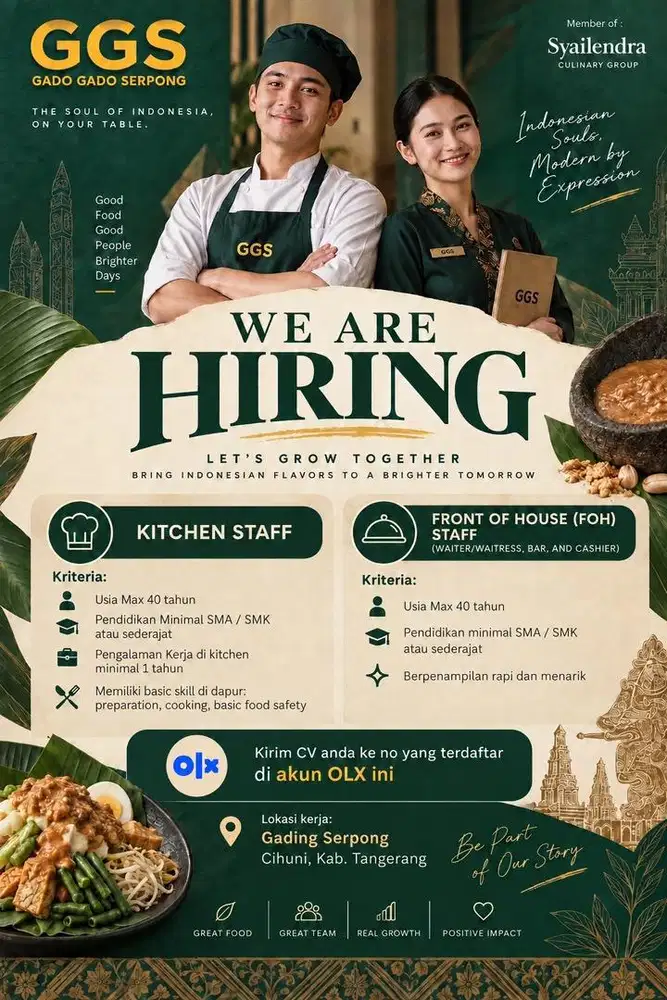 Dicari Kitchen Staff dan Waiter, Bar, Kasir