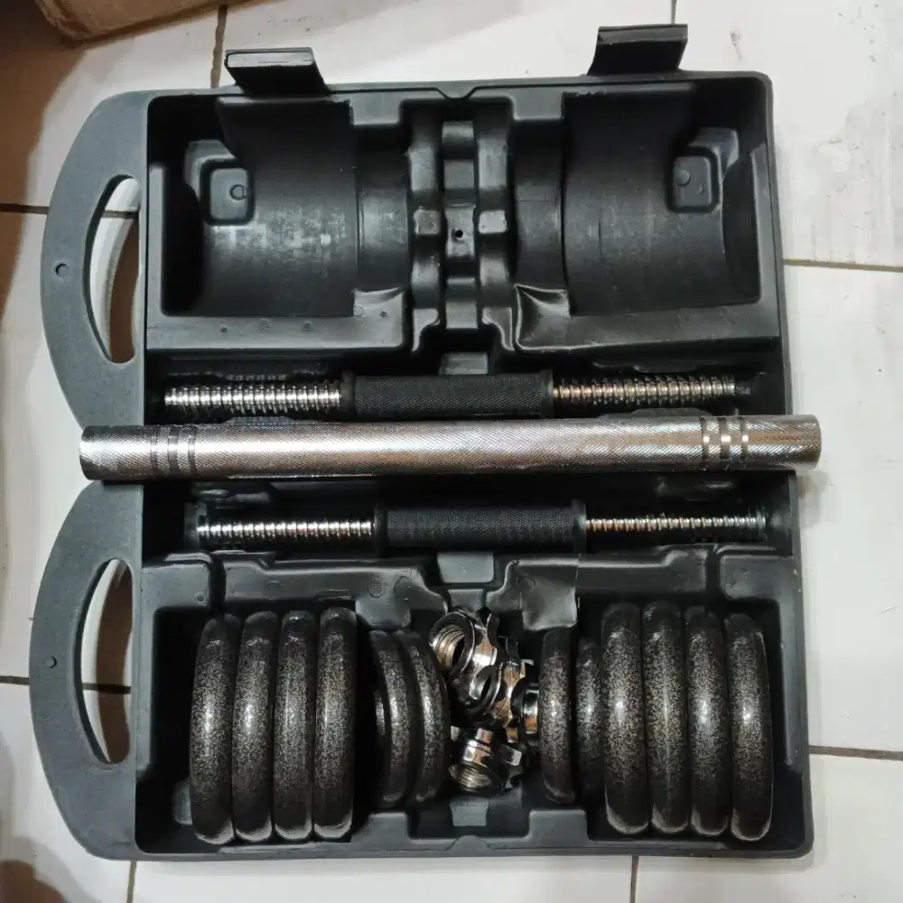 Dumbell/Barbell set 15kg besi black chrome