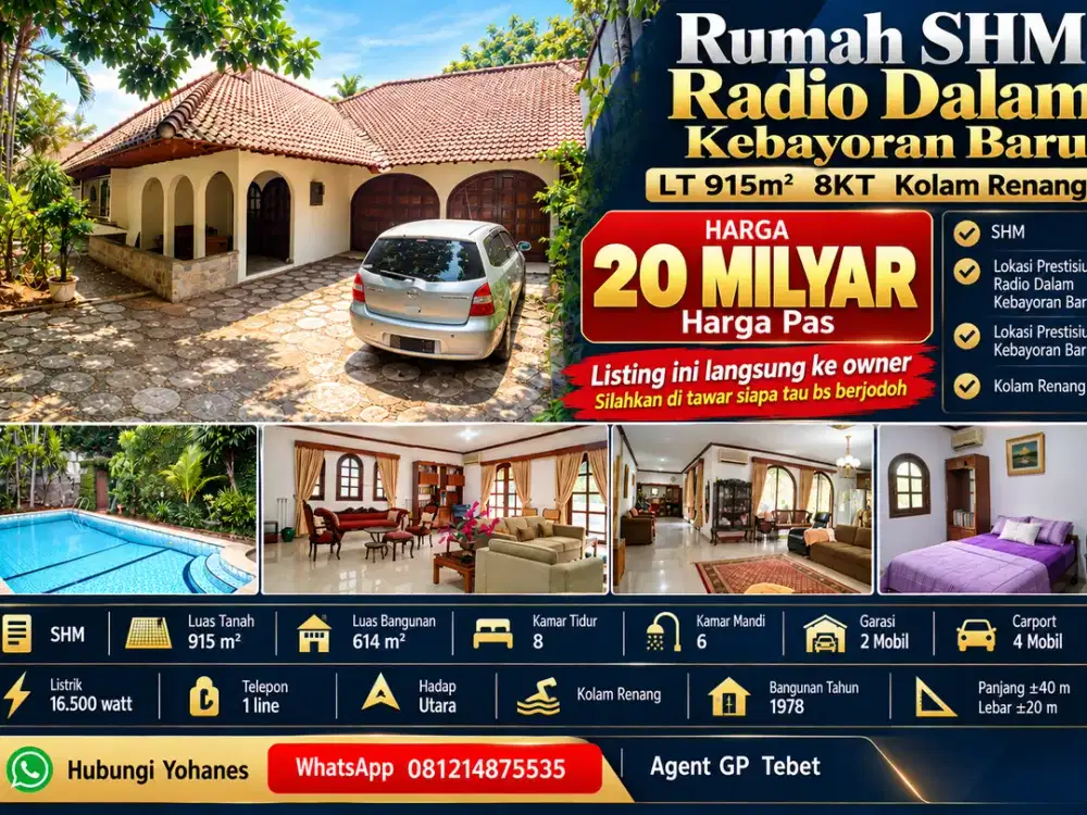 Rumah SHM Kebayoran Baru Radio Dalam LT 915m² 8KT Kolam Renang