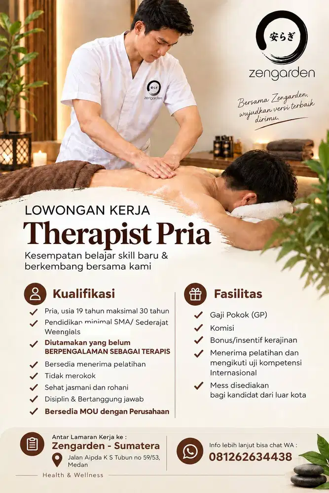 DICARI SEGERA – TERAPIS PRIA  TIDAK HARUS BERPENGALAMAN