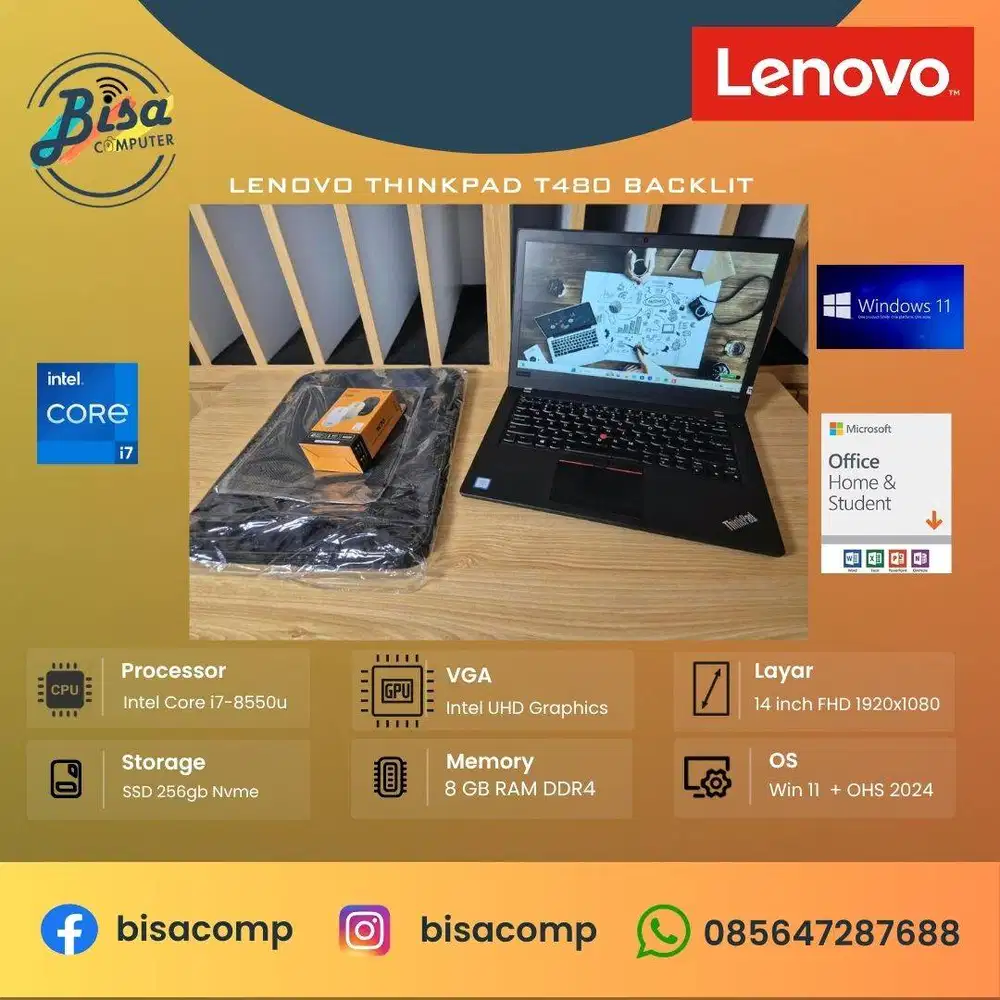 Lenovo Thinkpad T480 Core i7 8th Gen SSD 256gb Ram 8gb 14inchFHD BL KB