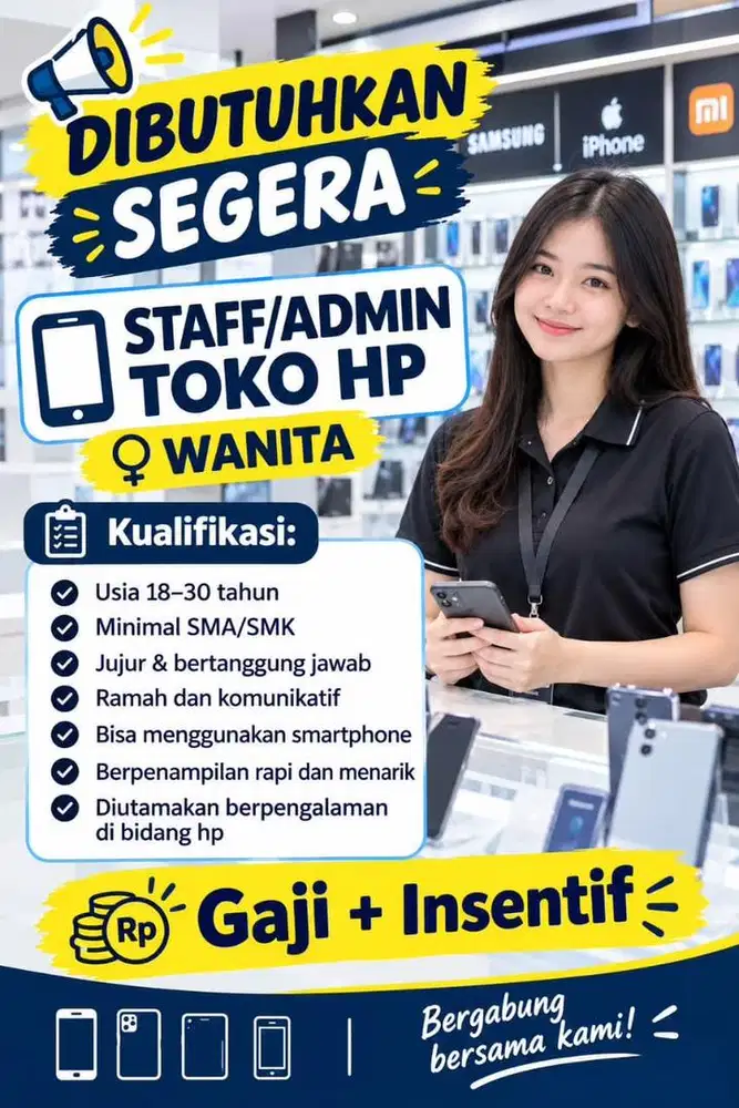 Lowongan kerja sebagai staff/admin counter hp