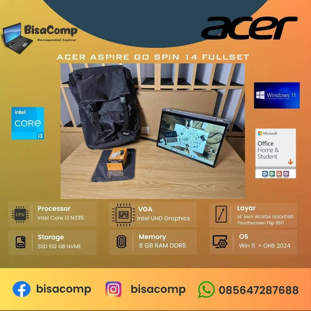Acer Aspire Go Spin 14 Core i3 N335 SSD 512gb Ram 8gb 14inchWUXGA