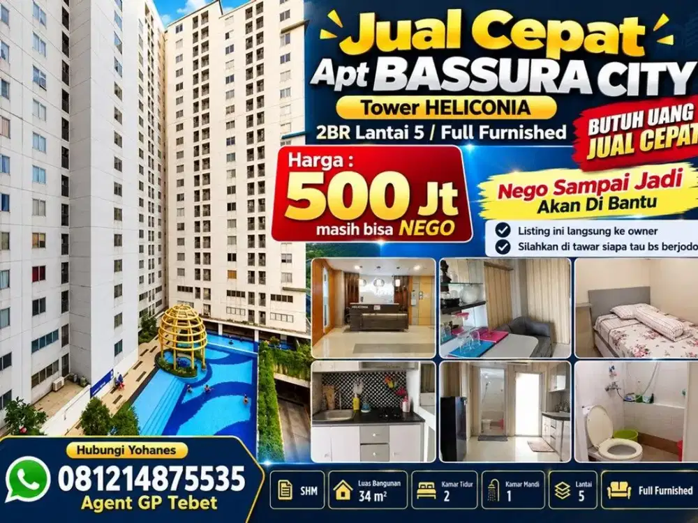 Jual Cepat Apt Bassura City Tower Heliconia 2BR lantai 5 Full Furnished