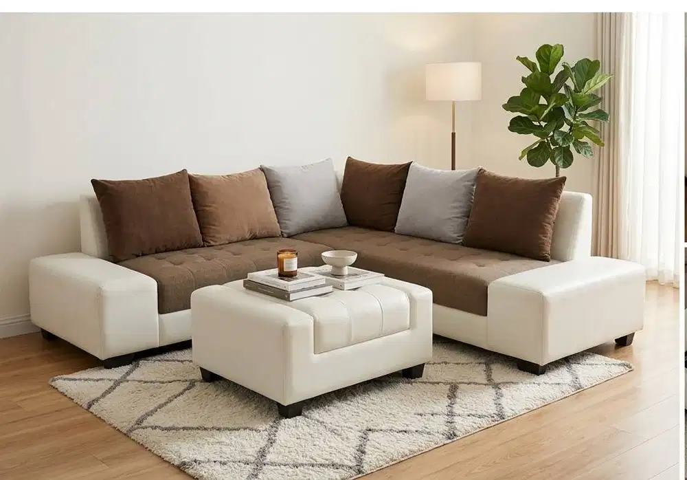 ️ DIJUAL Sofa Sudut L-Shape + Ottoman | Putih Cokelat | Siap Pakai
