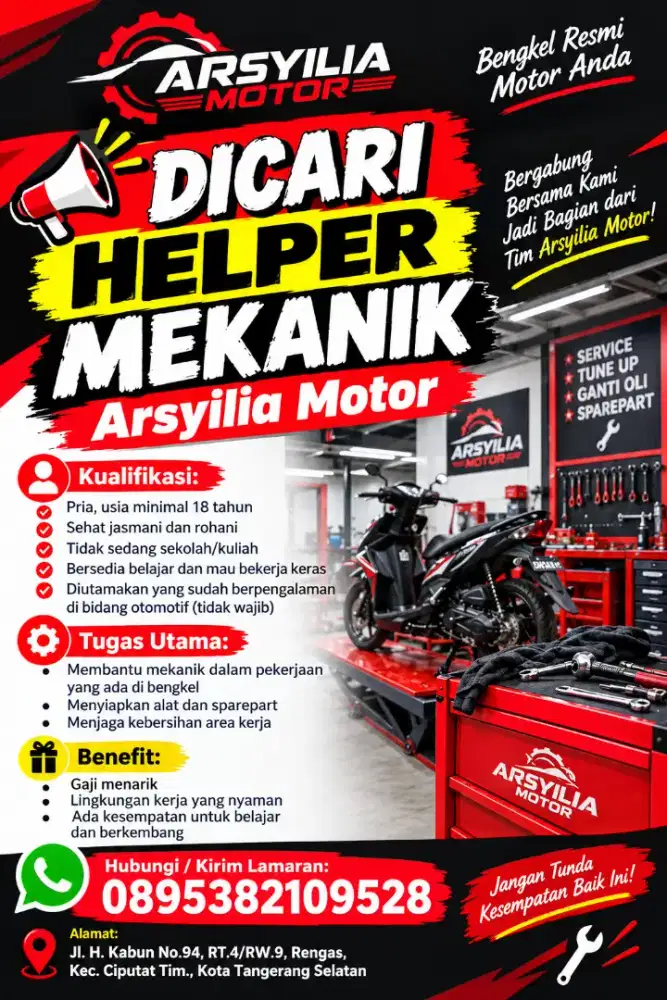 DICARI HELPER MEKANIK – ARSYILIA MOTOR