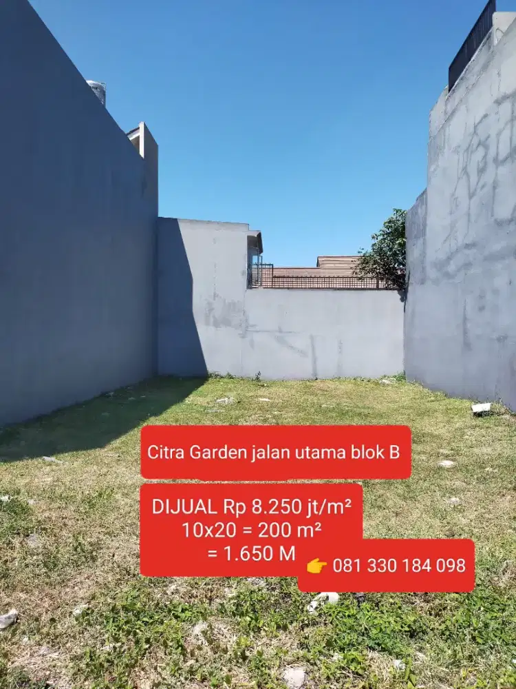 DIJUAL CEPAT. TANAH 200 m² di blok B jalan utama Citra Garden