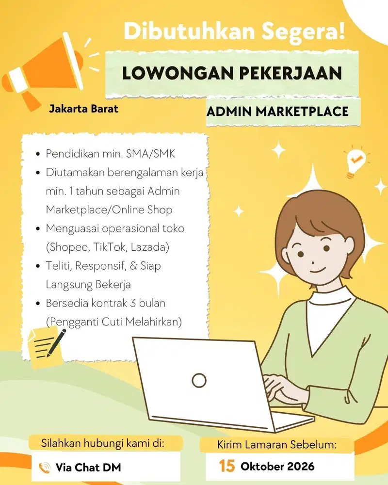 LOKER ADMIN MARKETPLACE (KONTRAK 3 BULAN PENGGANTI CUTI MELAHIRKAN)