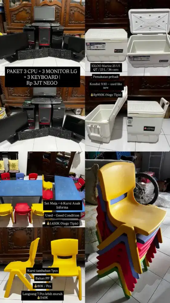 CUCI GUDANG! PAKET KOMPUTER, IGLOO COOLER BOX, MEJA & KURSI ANAK
