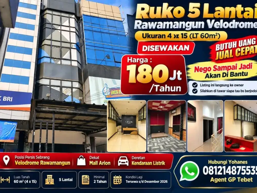 Ruko 5 lantai 4x15 Rawamangun Velodrome disewakan