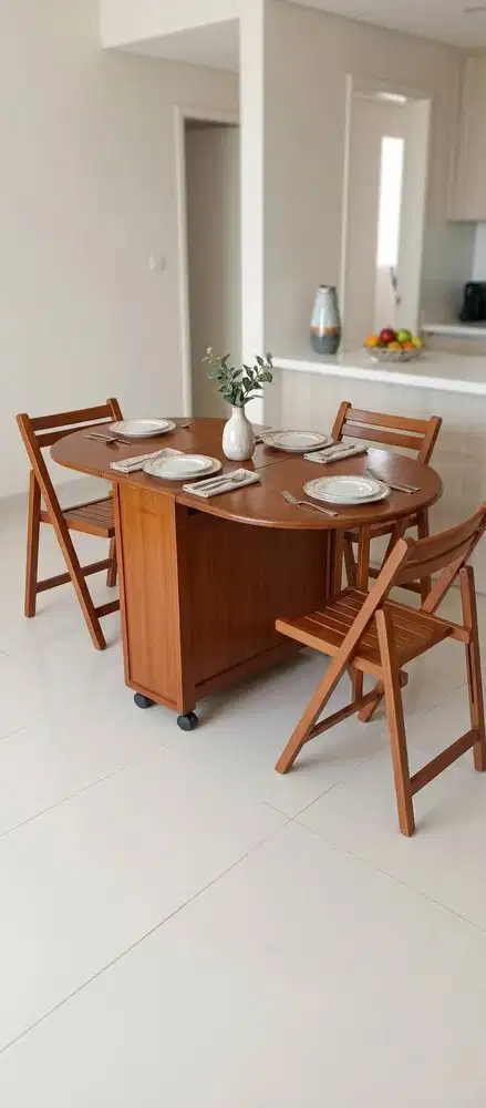 Set Meja Makan Lipat Kayu 4 Kursi Roda - Praktis & Hemat Tempat