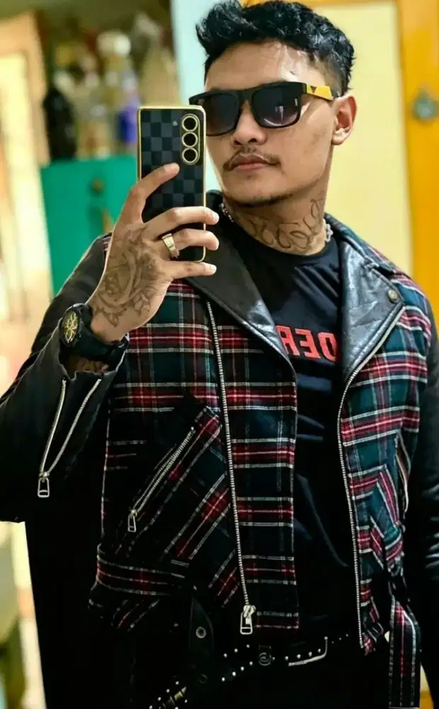 Leather mix tartan bikers jacket