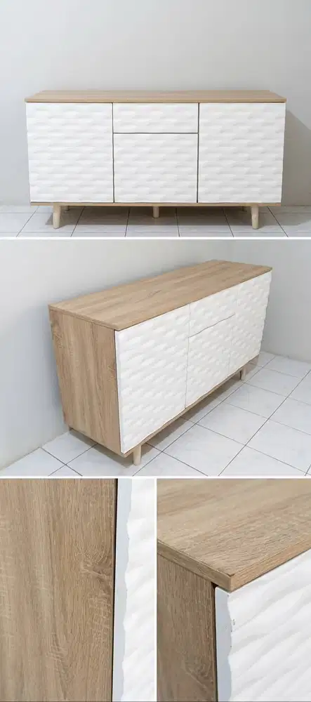Lemari TV / Credenza Minimalis Japandi – Motif 3DWave & Push-to-Open
