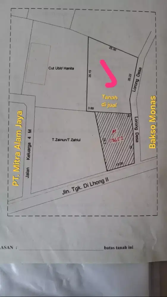Dijual tanah dekat jln utama Di Lhong Samping Bakso Monas