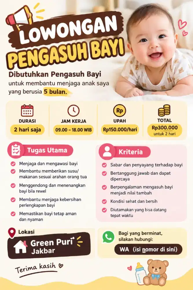 Dibutuhkan baby sitter harian