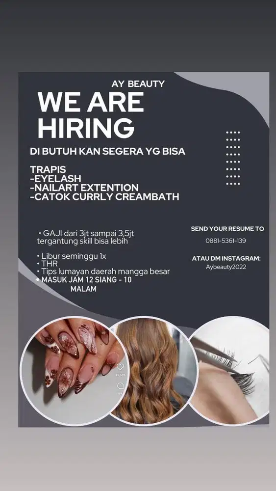 Lowongan kerja trapis eyelash, nail extention, catok currly creambath