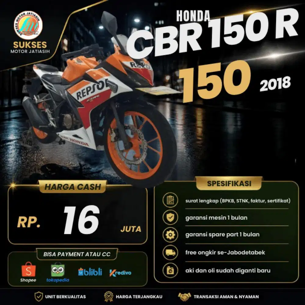 HONDA CBR 150R 2018 REPSOL PLAT JAKARTA AJIB SIAP PAKAI BISA PAYMENT