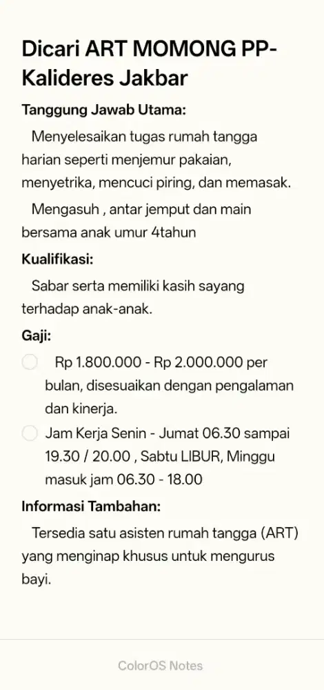 Dicari ART MOMONG PP - Kalideres Jakbar