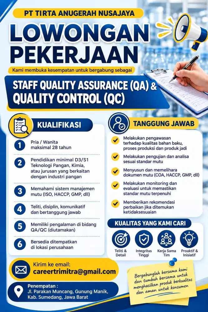 DIBUTUHKAN STAFF QUALITY CONTROL