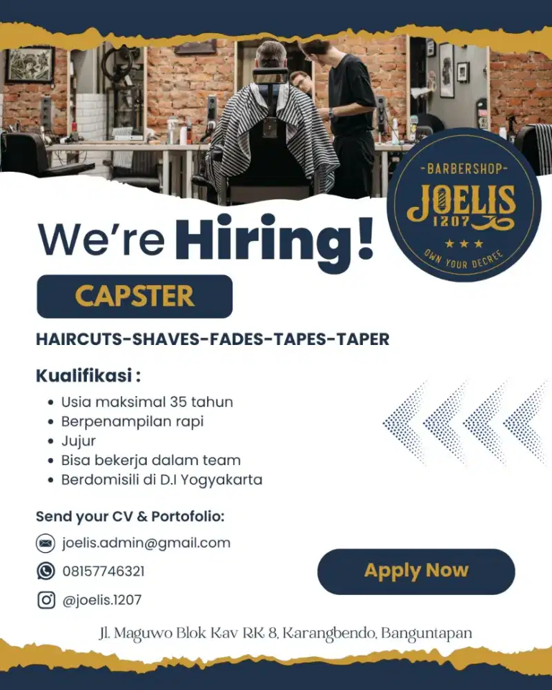 ​LOWONGAN KERJA CAPSTER / BARBERMAN–BARBERSHOP JOELIS 1207 YOGYAKARTA
