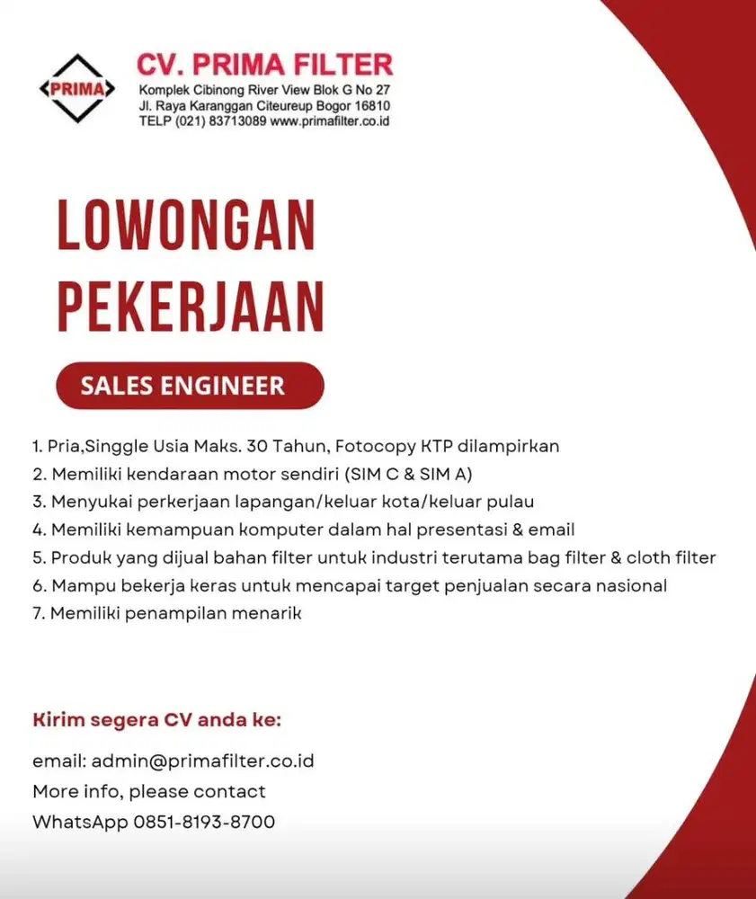 Lowongan Sales Engineer