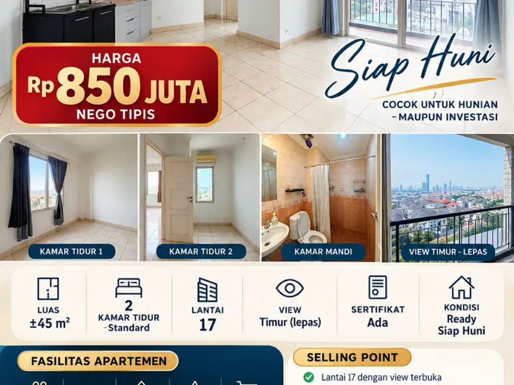 DIJUAL APARTEMEN CITY HOME 2 BEDROOM | VIEW TIMUR LEPAS, MOI, KELAPA Gading