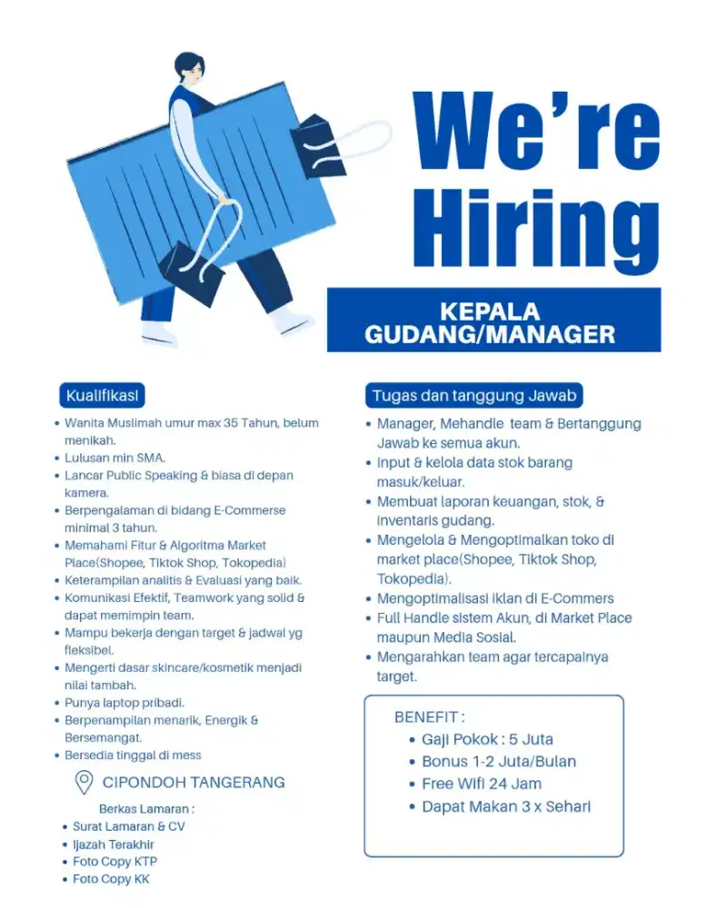 Lowongan Kerja Kepala Gudang E-commerce sekaligus Manager