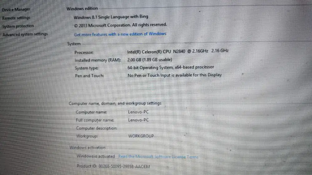Laptop Lenovo G40 Celeron N2480 RAM 2 Gb