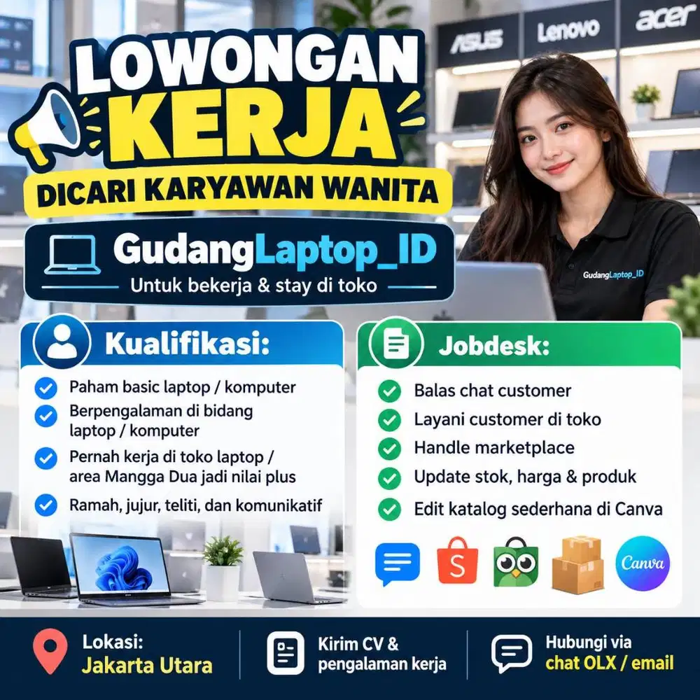 LOWONGAN KARYAWAN WANITA TOKO LAPTOP - JAKARTA UTARA