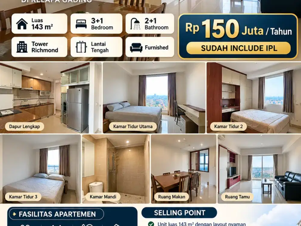Judul Iklan

DISEWAKAN SHERWOOD APARTMENT RICHMOND – 143 M², FULL FURNISHED, LANTAI TENGAH | Rp150 JT/TAHUN INCLUDE IPL