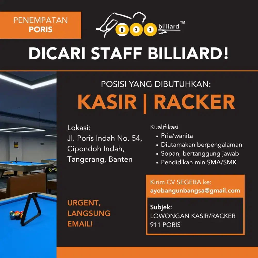 Lowongan Kasir / Racker 911 Billiard Poris