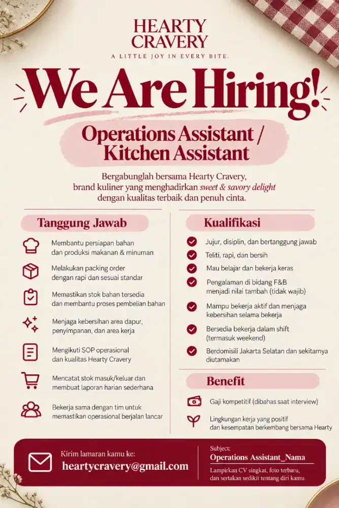 Dibutuhkan Kitchen Assistant