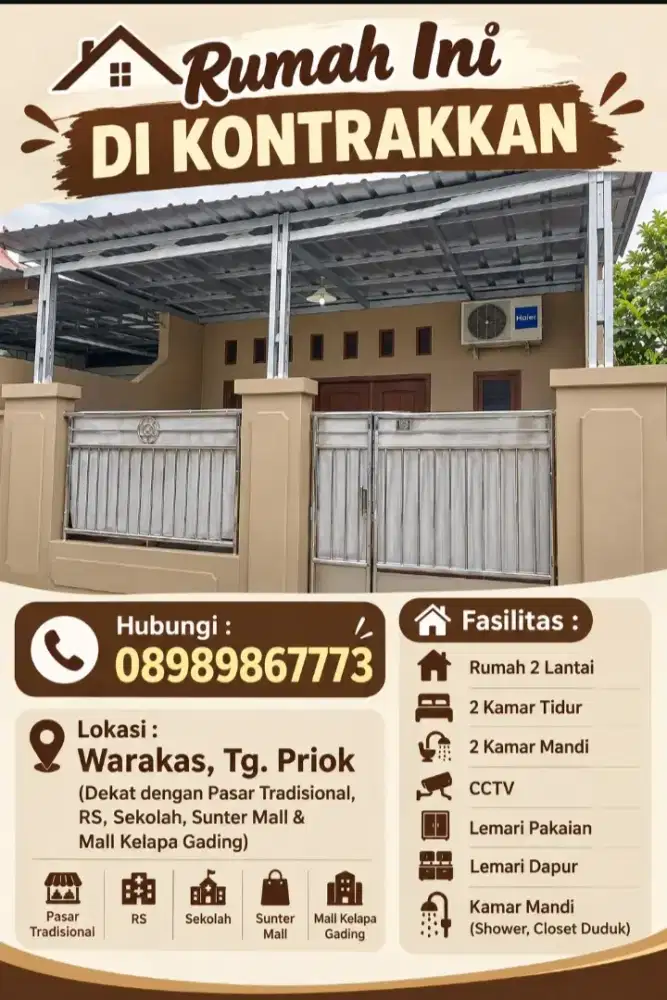 Dikontrakkan Rumah 2 Lantai, Siap Huni di Warakas