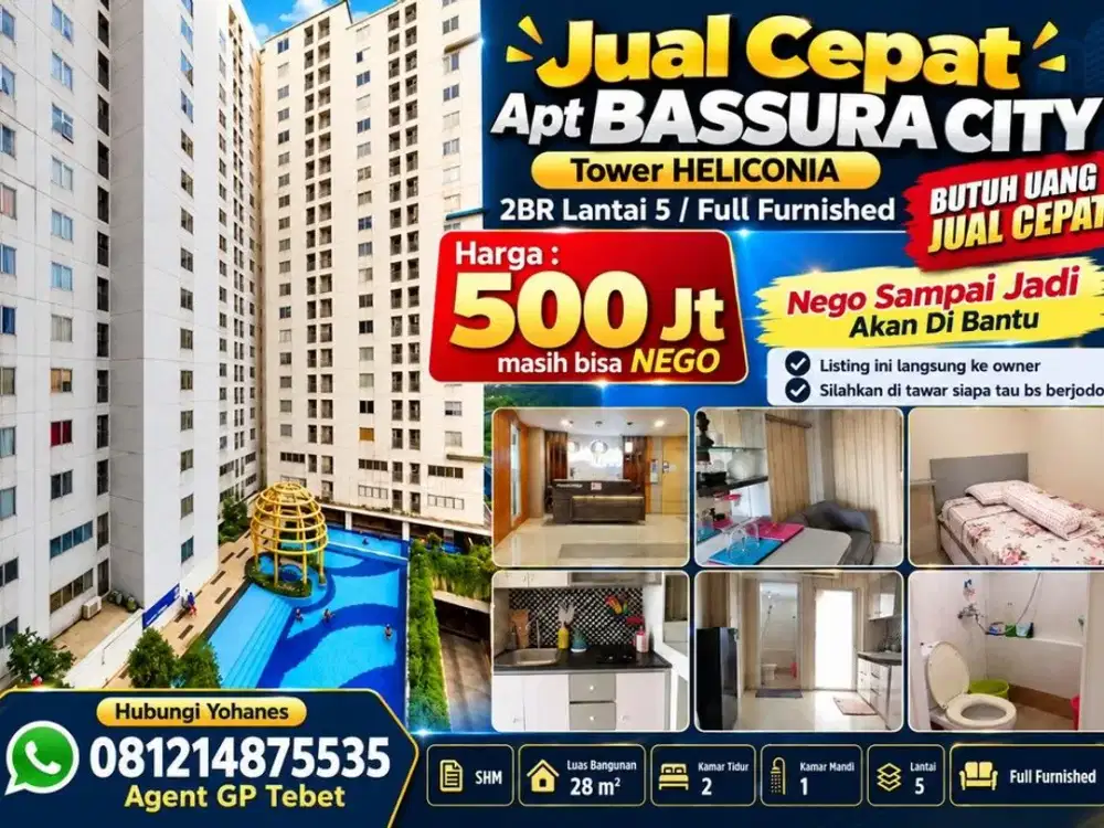 Jual Cepat Apt Bassura City Tower Heliconia 2BR lantai 5 Full Furnished