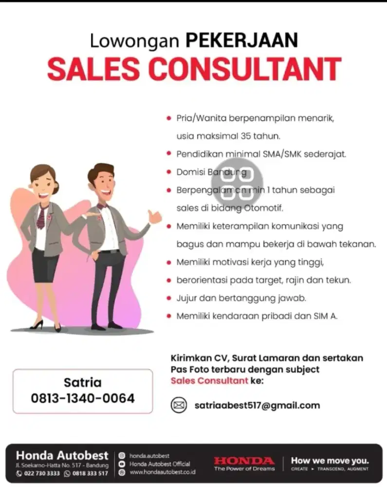SALES MOBIL HONDA BANDUNG , WAJIB SUDH ADA PENGALAMAN
