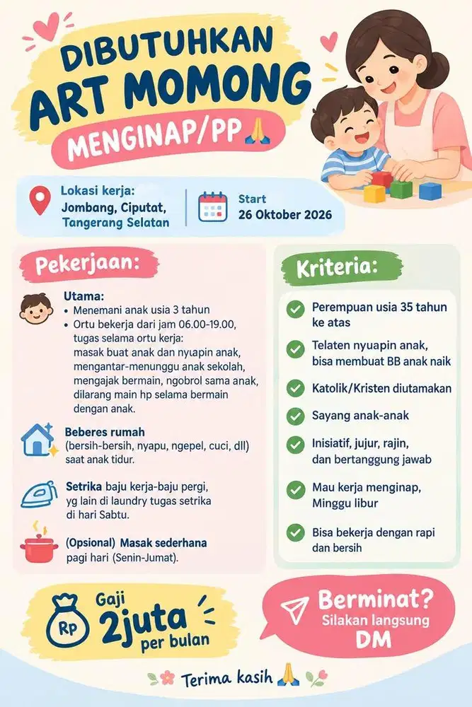Dicari ART Momong Kristen/Katolik