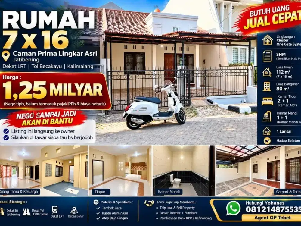 Rumah 7x16 Caman Prima Lingkar Asri Jatibening dekat LRT Tol Becakayu Kalimalang