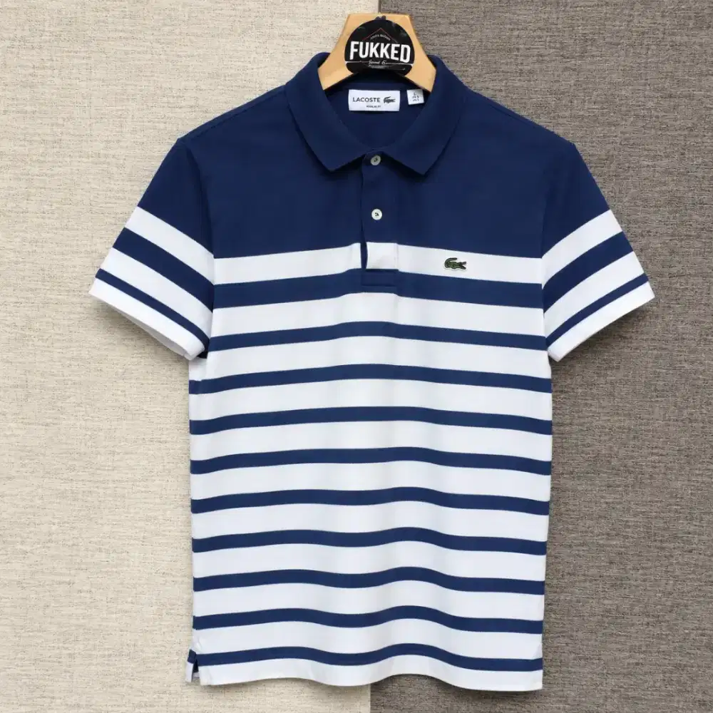 Kaos polo shirt LACOSTE Striped Sallur white blue colour Size S Fit M